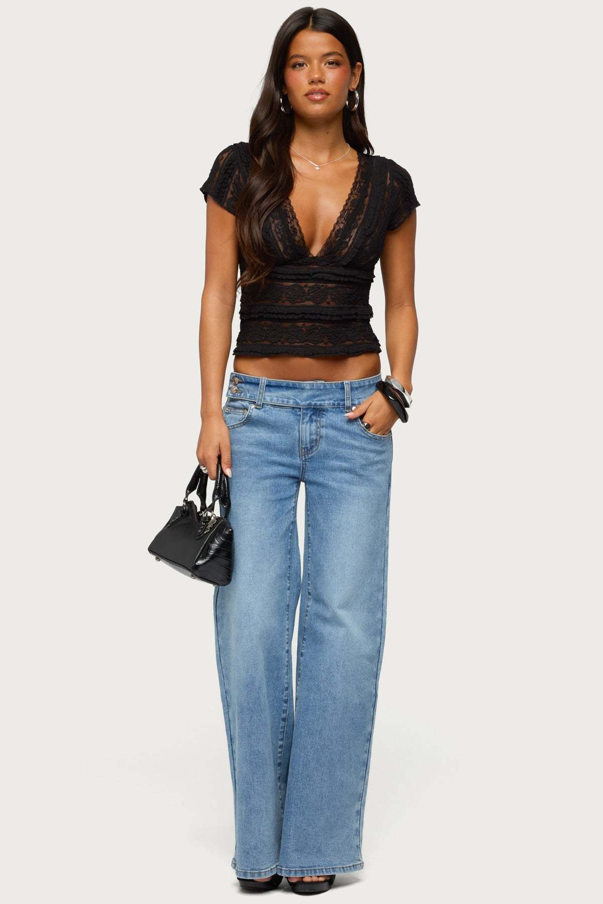 Avalee Sheer Lace V Neck Top - BLACK