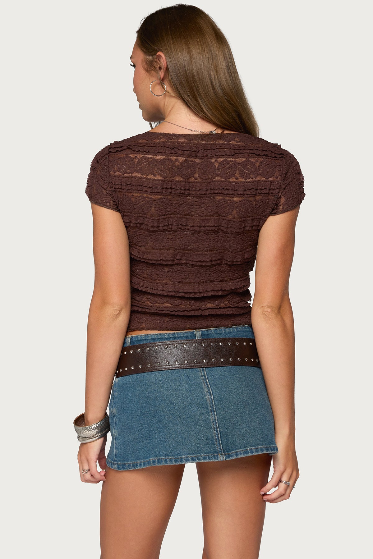 Avalee Sheer Lace V Neck Top - BROWN