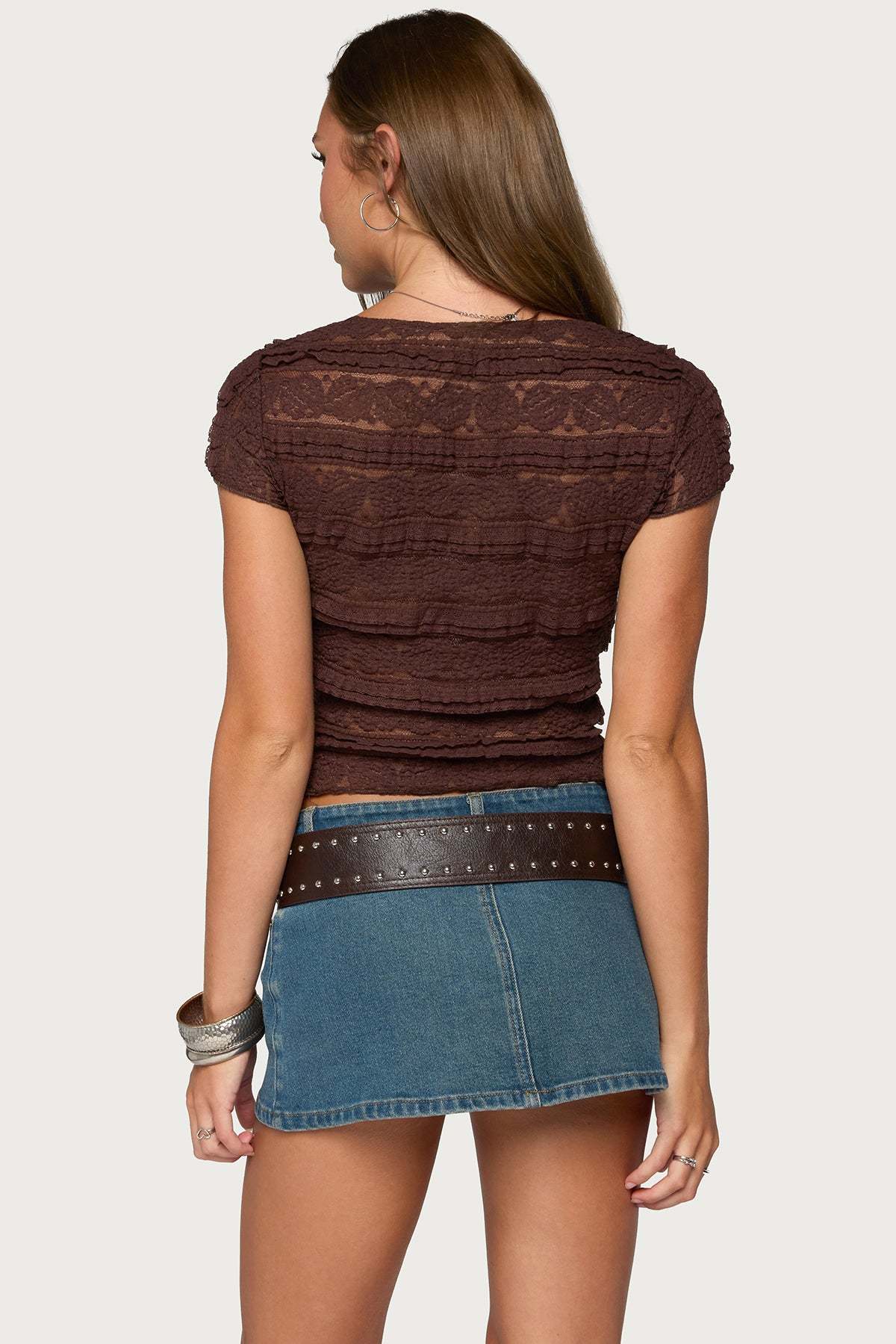 Avalee Sheer Lace V Neck Top - BROWN