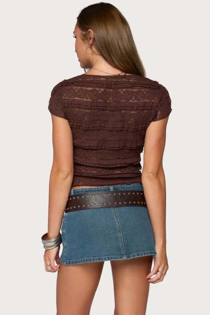 Avalee Sheer Lace V Neck Top - BROWN