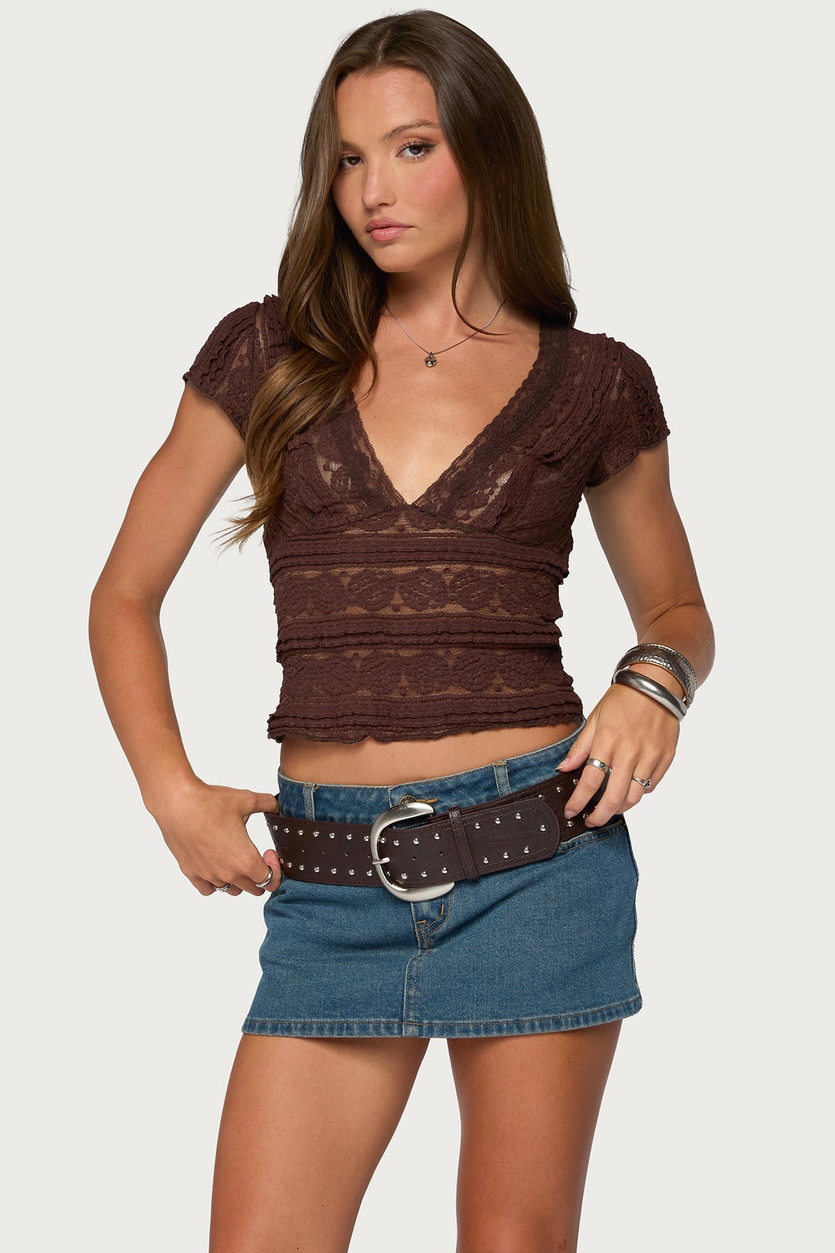 Avalee Sheer Lace V Neck Top - BROWN