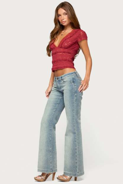 Avalee Sheer Lace V Neck Top - BURGUNDY