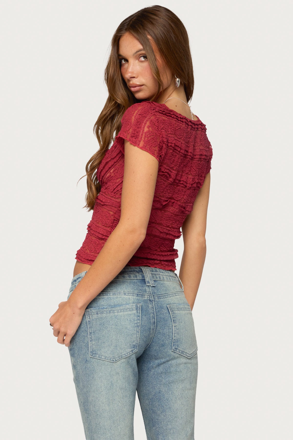 Avalee Sheer Lace V Neck Top - BURGUNDY