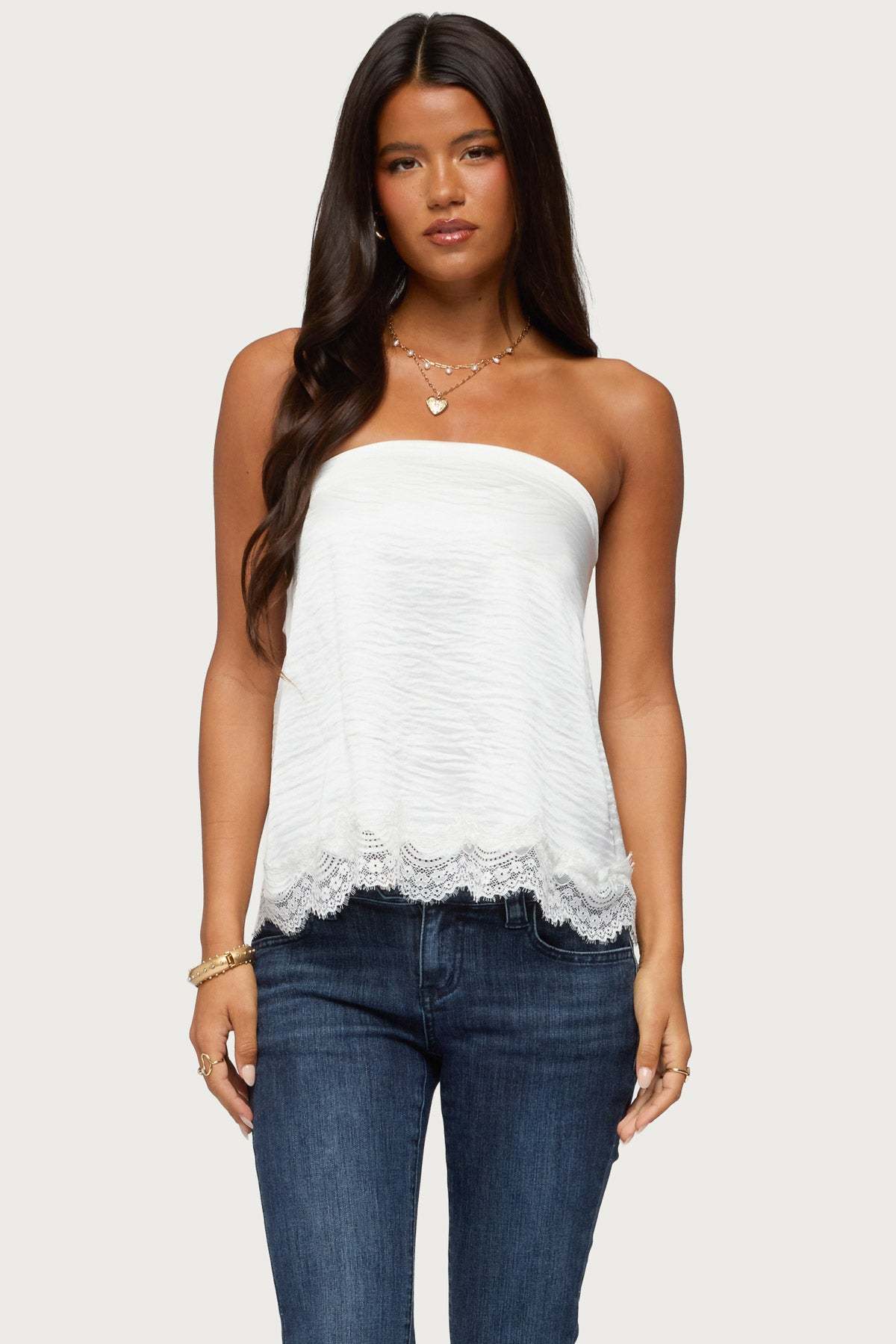 Netta Lacey Strapless Satin Effect Top - WHITE