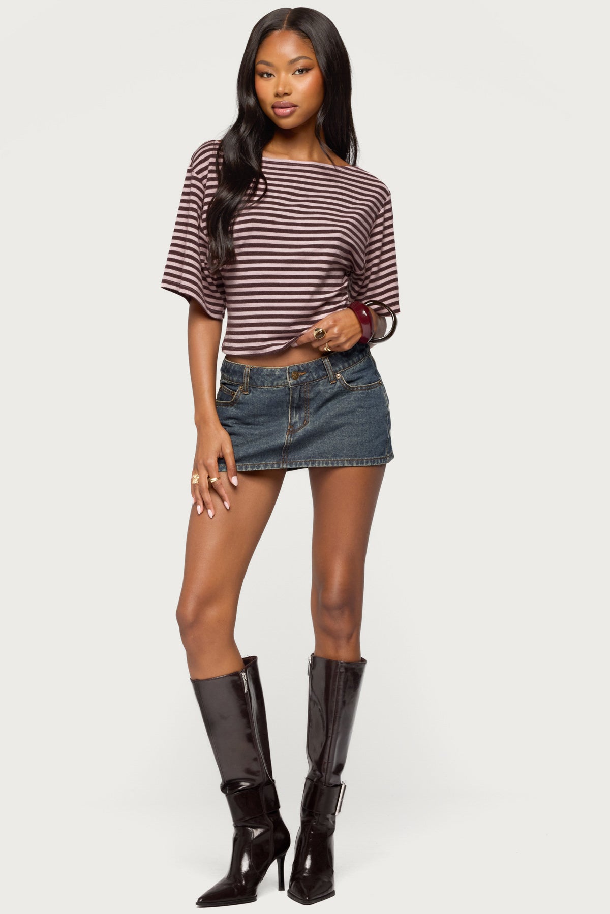 Jadan Striped Off Shoulder Top - BURGUNDY