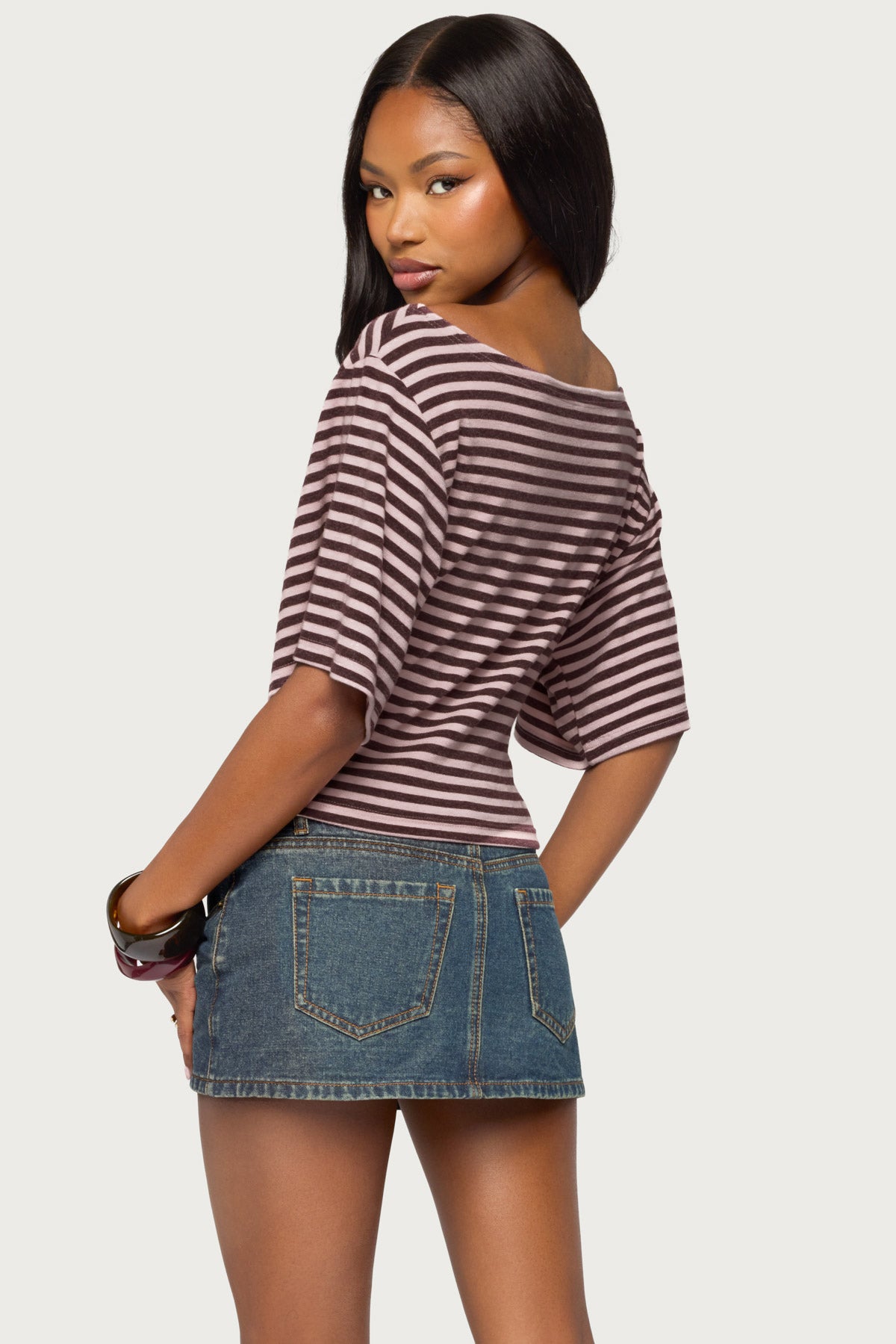 Jadan Striped Off Shoulder Top - BURGUNDY