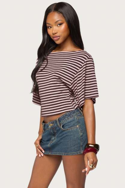 Jadan Striped Off Shoulder Top - BURGUNDY