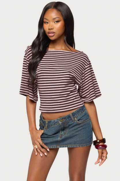 Jadan Striped Off Shoulder Top - BURGUNDY