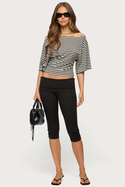 Jadan Striped Off Shoulder Top - DARK-GRAY-AND-WHITE