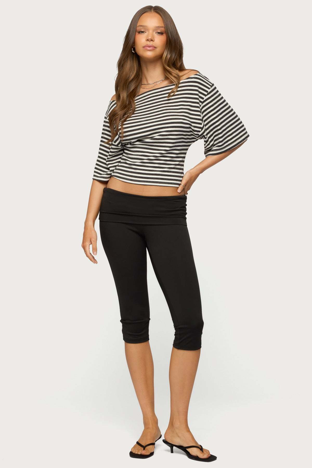 Jadan Striped Off Shoulder Top - DARK-GRAY-AND-WHITE