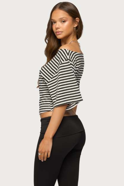Jadan Striped Off Shoulder Top - DARK-GRAY-AND-WHITE