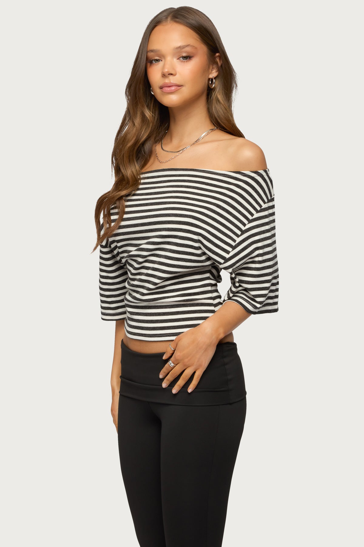 Jadan Striped Off Shoulder Top - DARK-GRAY-AND-WHITE