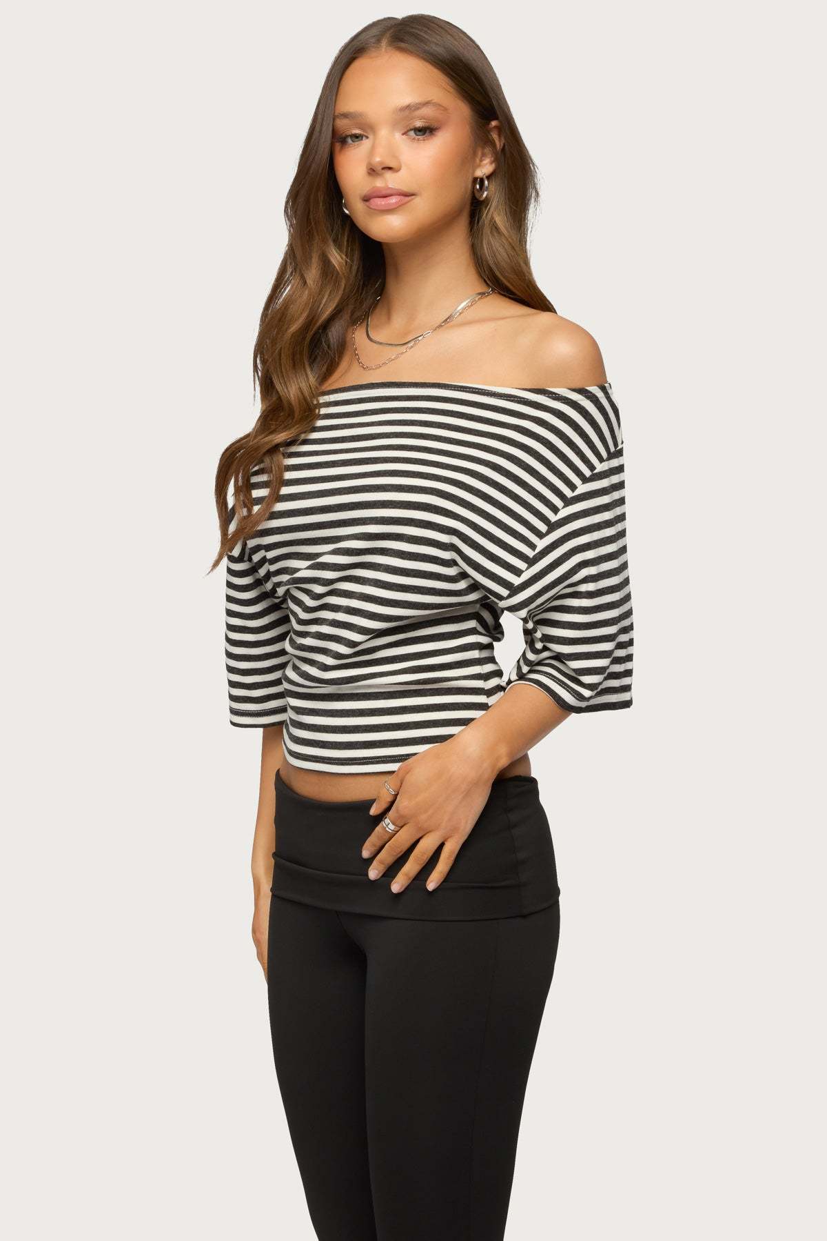 Jadan Striped Off Shoulder Top - DARK-GRAY-AND-WHITE