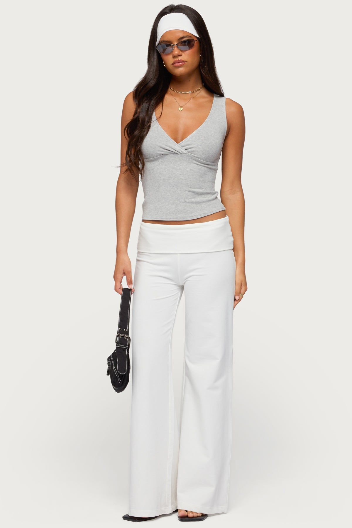 Wide Leg Foldover Pants - WHITE