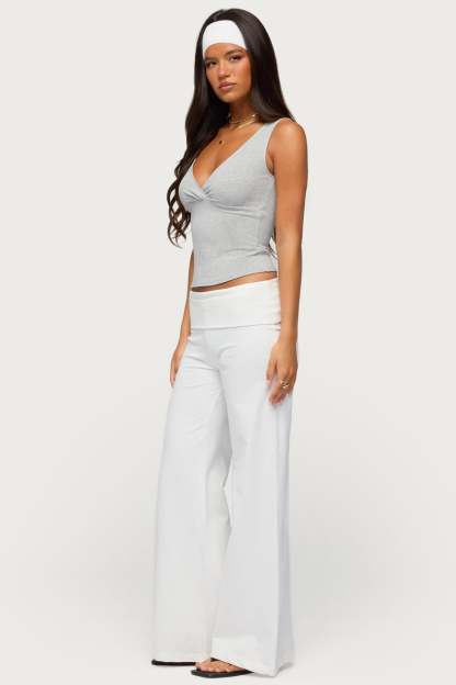 Wide Leg Foldover Pants - WHITE