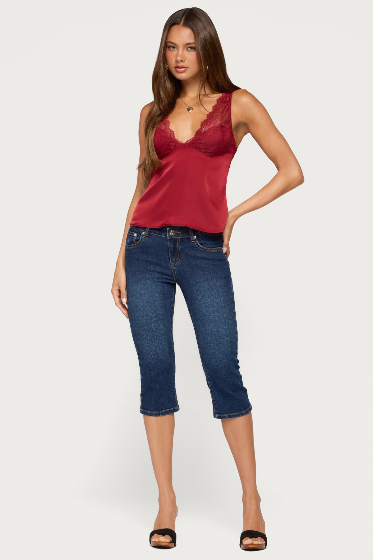 Vikkey Lacey Satin Effect Tank Top - DARK-RED