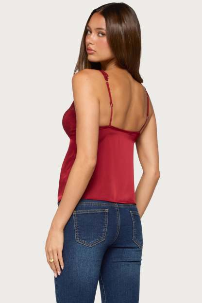 Vikkey Lacey Satin Effect Tank Top - DARK-RED