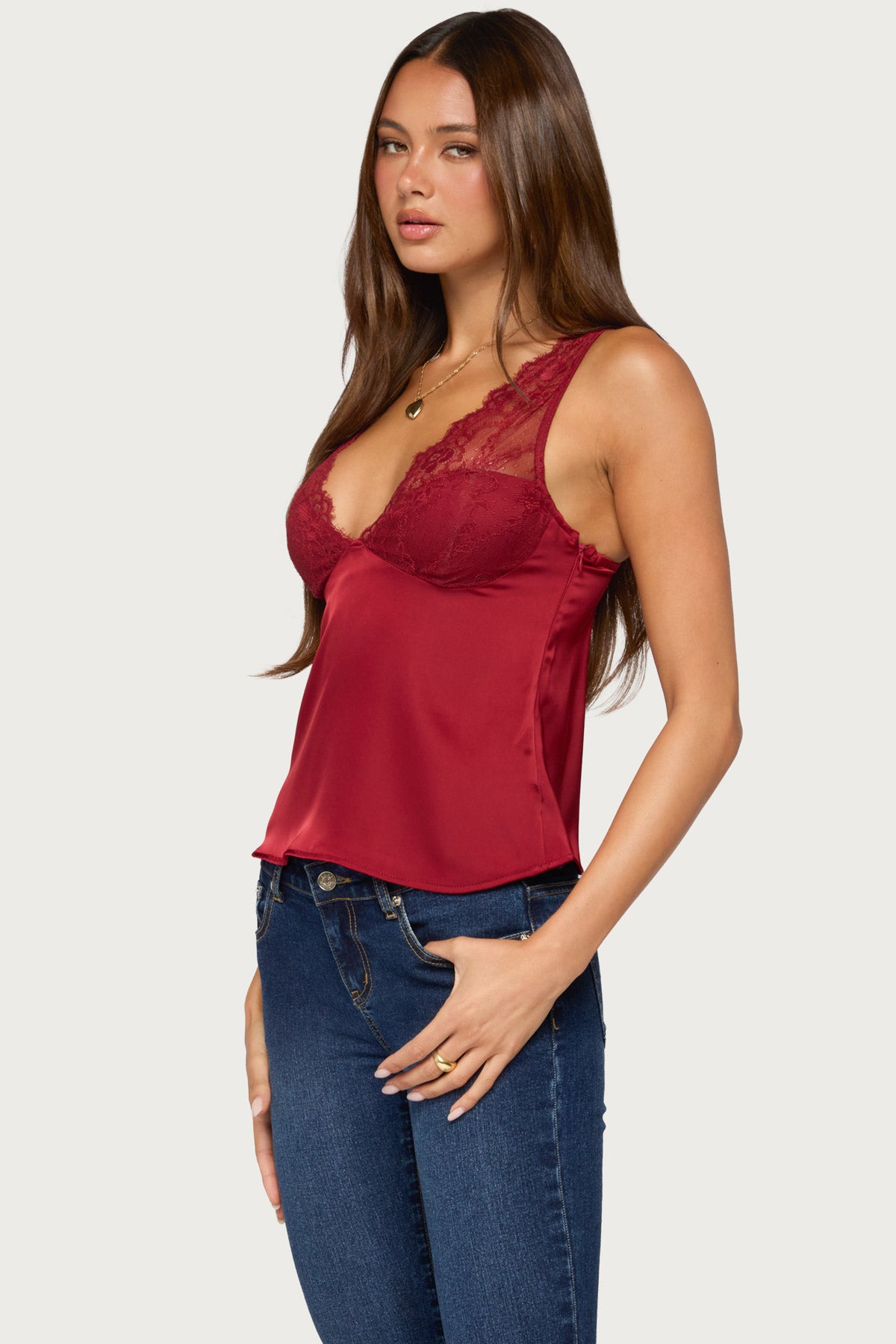 Vikkey Lacey Satin Effect Tank Top - DARK-RED