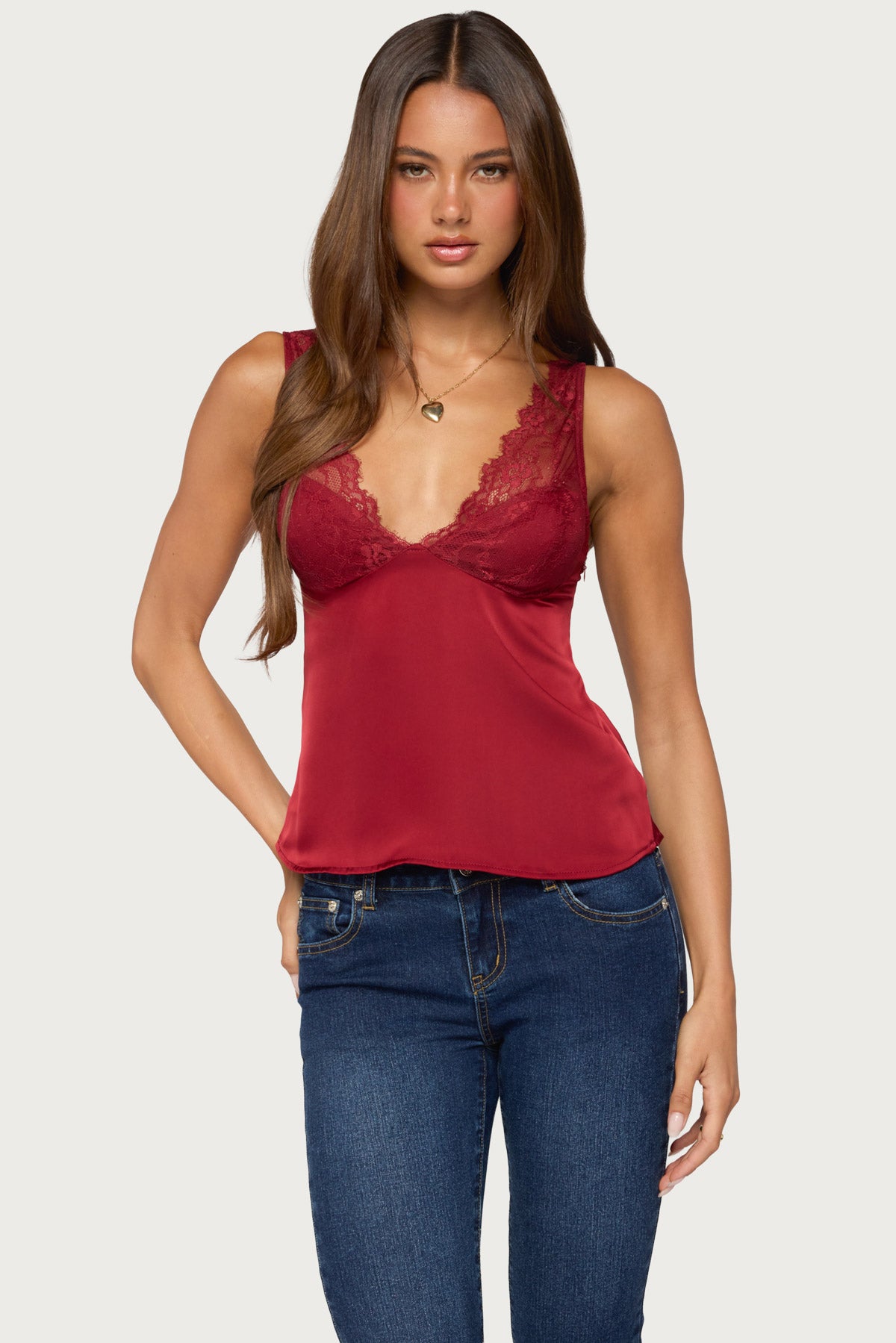 Vikkey Lacey Satin Effect Tank Top - DARK-RED