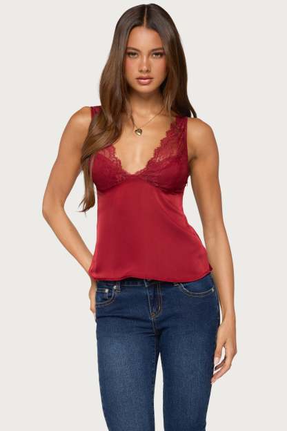 Vikkey Lacey Satin Effect Tank Top - DARK-RED