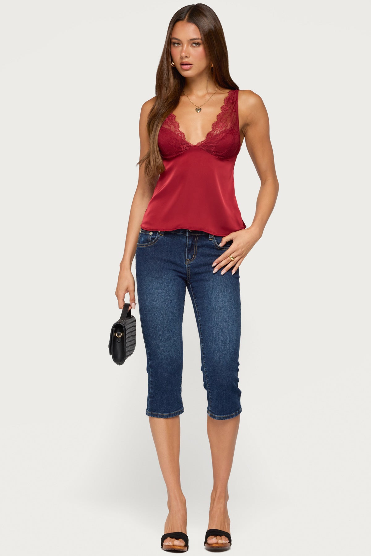 Vikkey Lacey Satin Effect Tank Top - DARK-RED