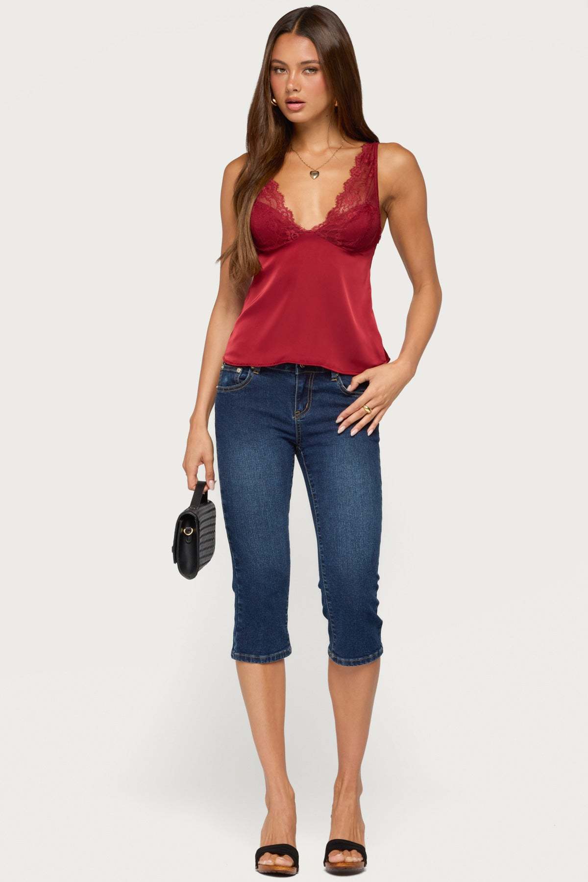 Vikkey Lacey Satin Effect Tank Top - DARK-RED