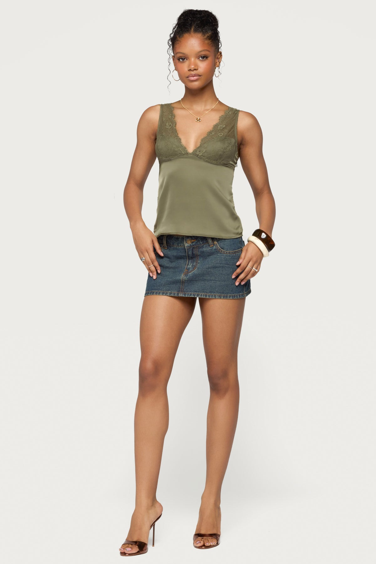 Vikkey Lacey Satin Effect Tank Top - OLIVE