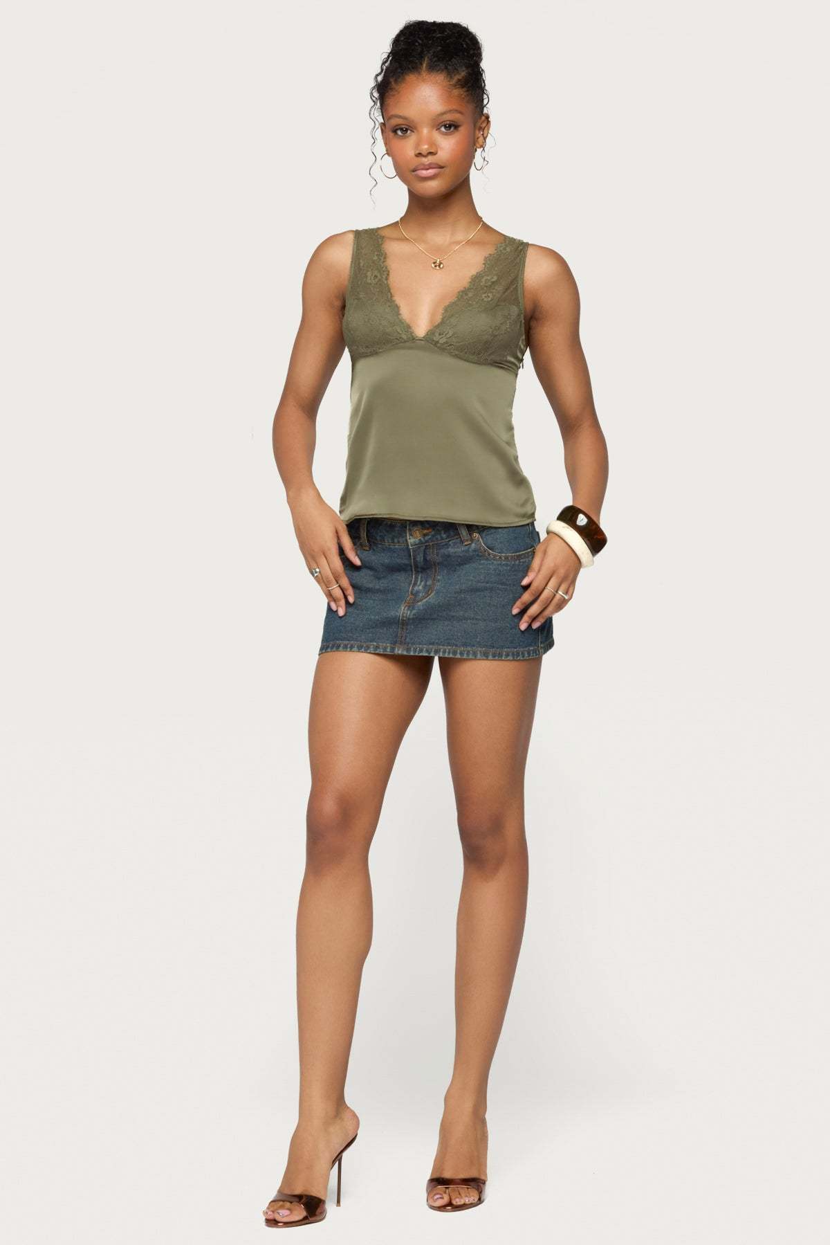 Vikkey Lacey Satin Effect Tank Top - OLIVE
