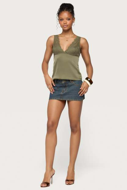 Vikkey Lacey Satin Effect Tank Top - OLIVE