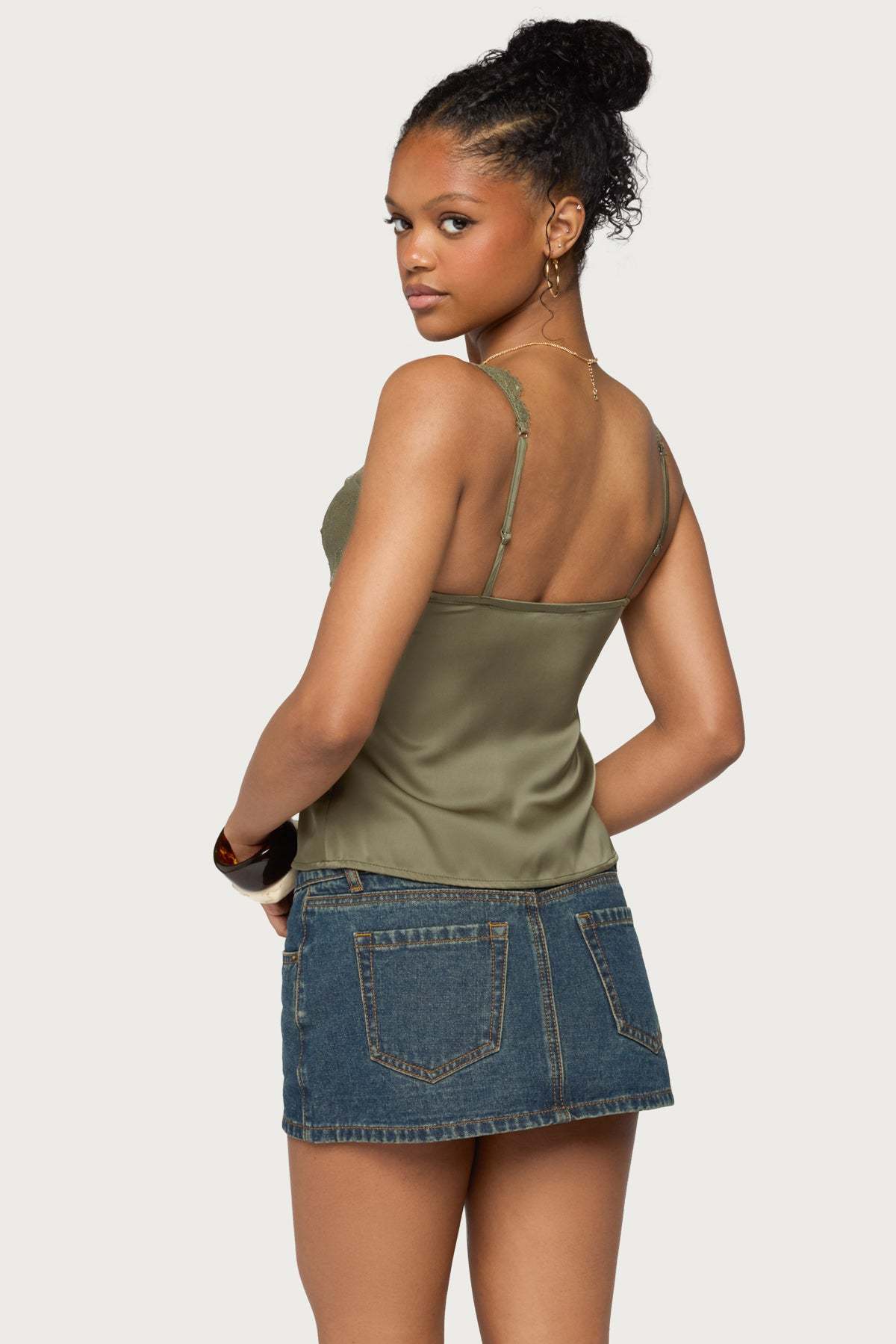 Vikkey Lacey Satin Effect Tank Top - OLIVE