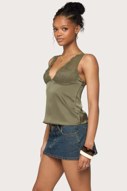 Vikkey Lacey Satin Effect Tank Top - OLIVE