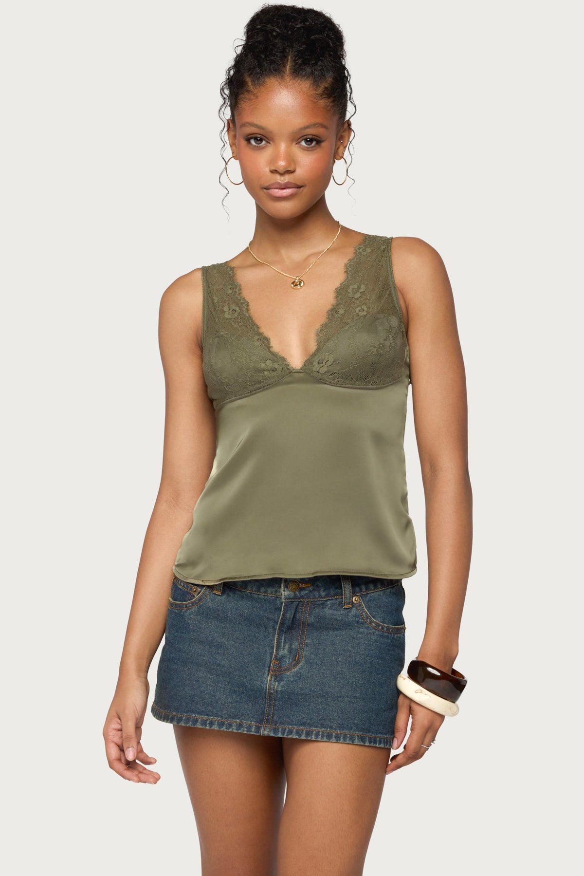 Vikkey Lacey Satin Effect Tank Top - OLIVE