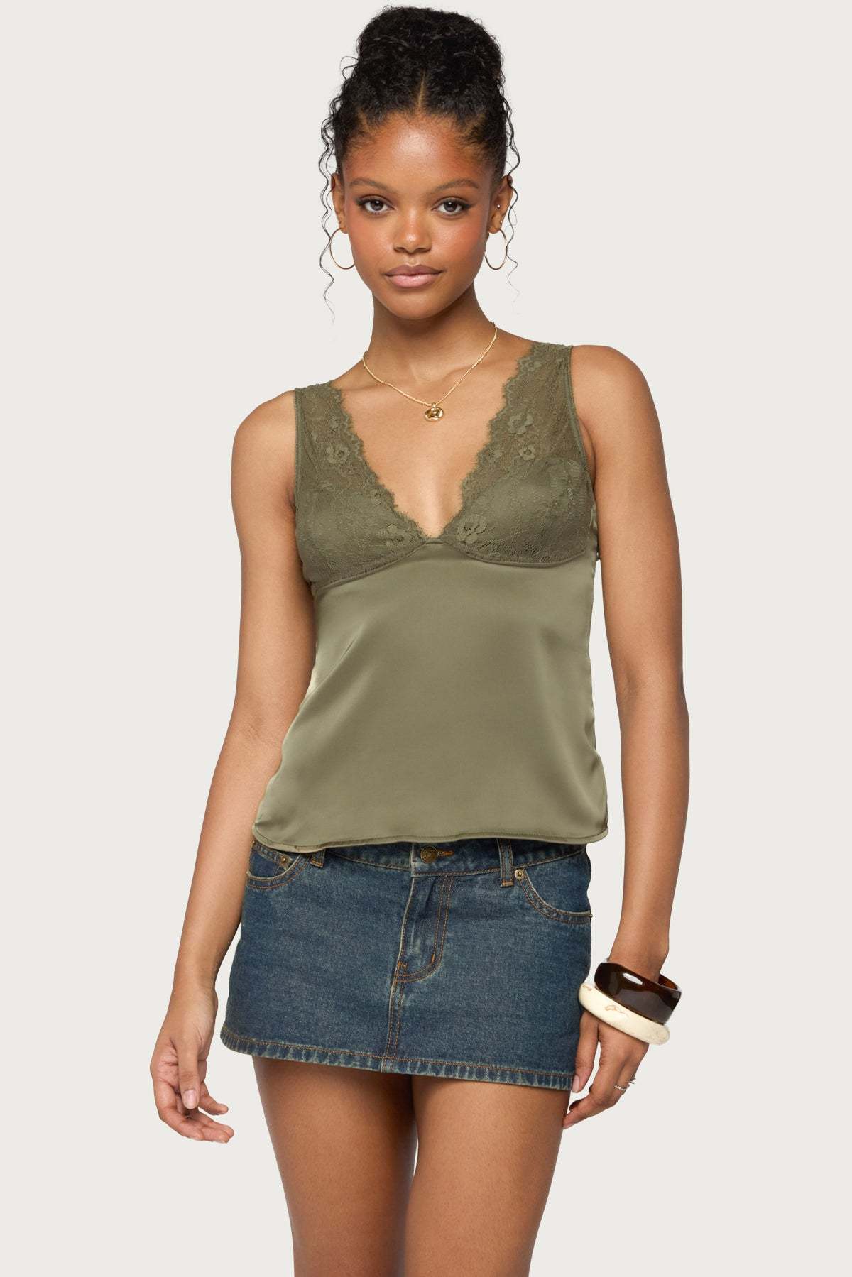 Vikkey Lacey Satin Effect Tank Top - OLIVE