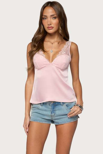 Vikkey Lacey Satin Effect Tank Top - PINK