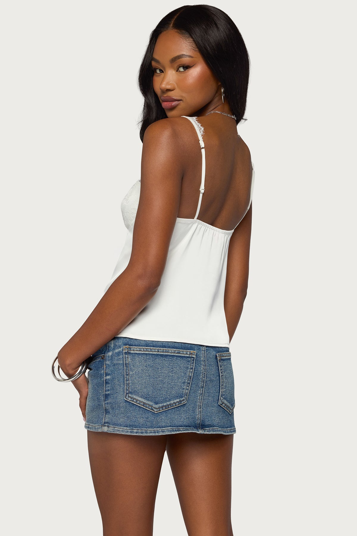 Vikkey Lacey Satin Effect Tank Top - WHITE
