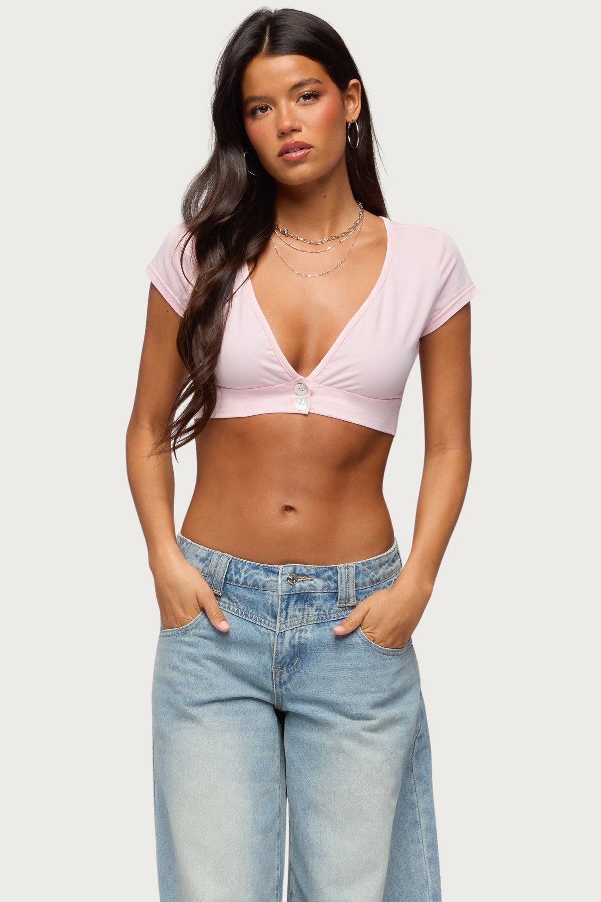 Cecey Button Up Crop Top - PINK