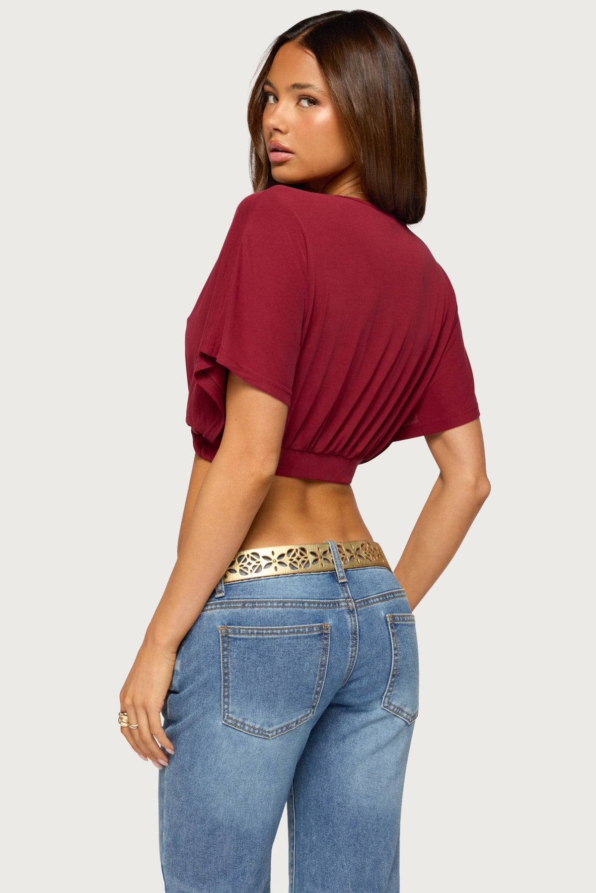 Candela V Neck Crop Top - BURGUNDY