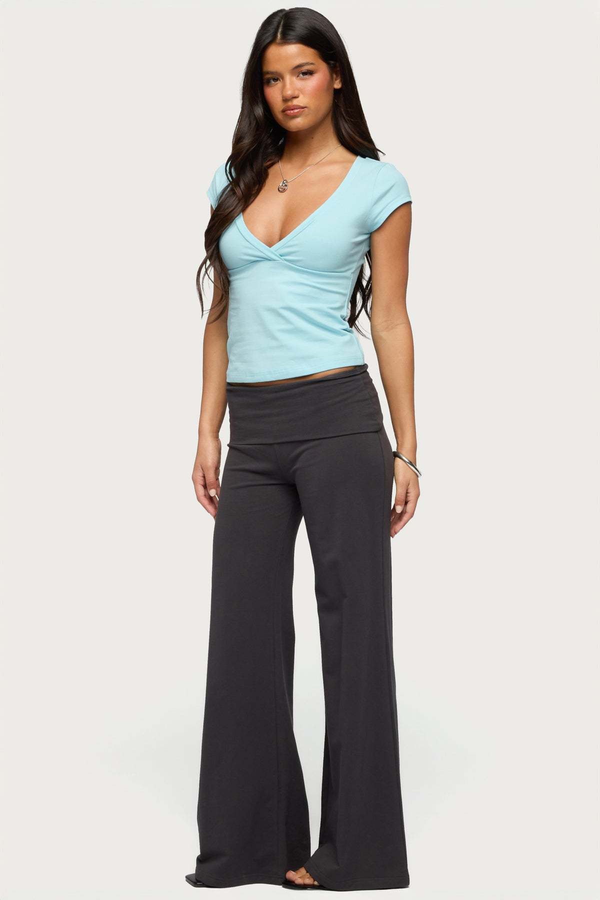 Penelopy Overlap V Neck Top - TURQUOISE