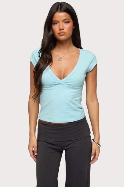 Penelopy Overlap V Neck Top - TURQUOISE