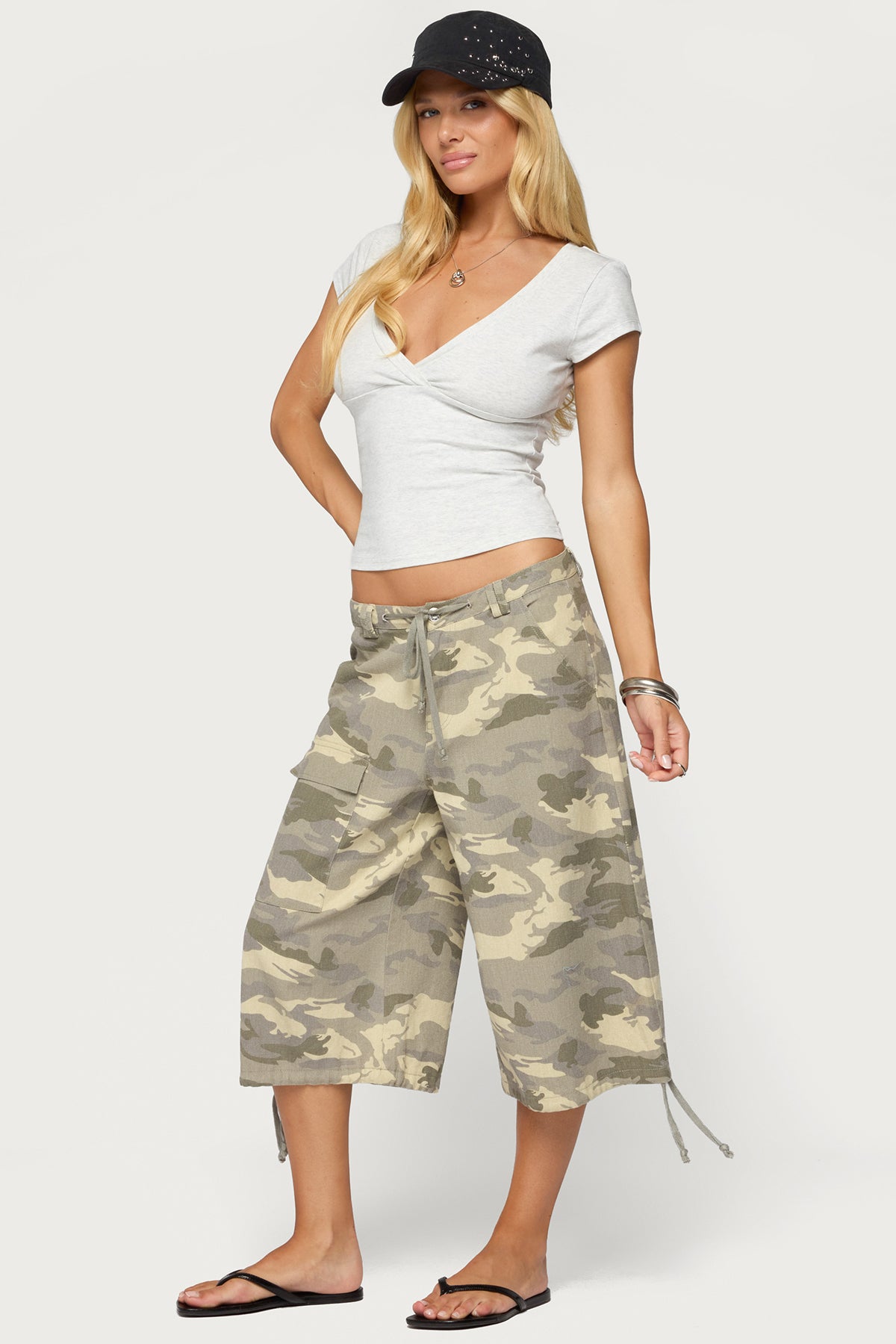Penelopy Overlap V Neck Top - LIGHT-GRAY-MELANGE
