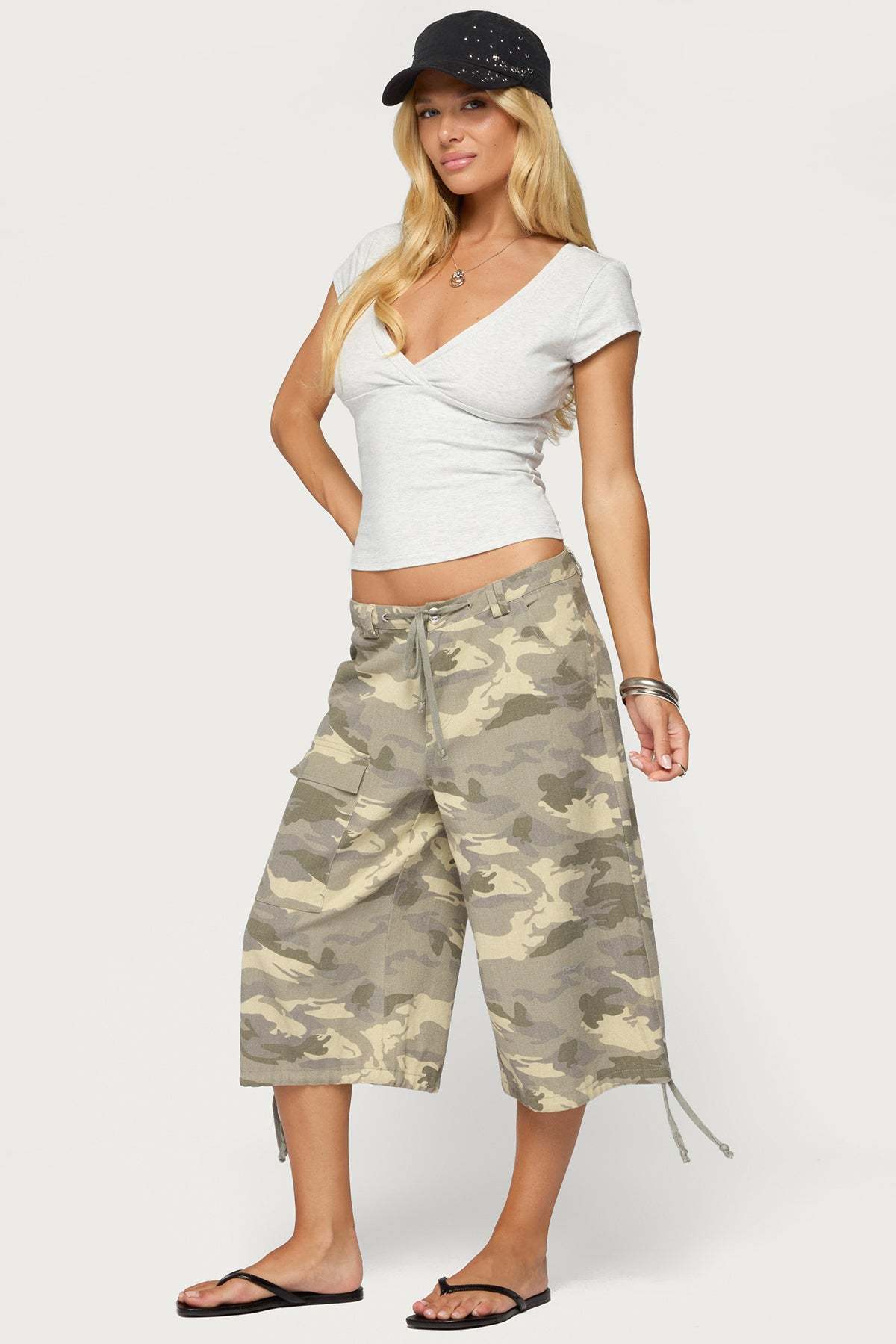Penelopy Overlap V Neck Top - LIGHT-GRAY-MELANGE