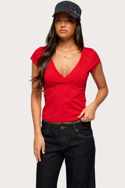 Penelopy Overlap V Neck Top - RED