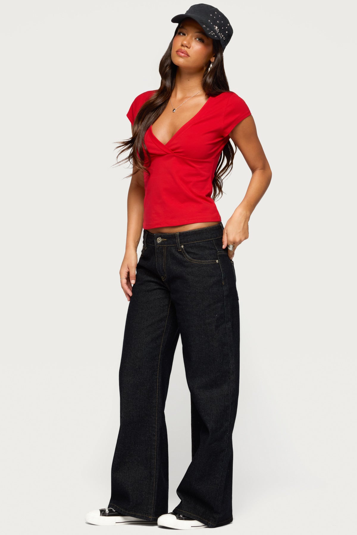 Penelopy Overlap V Neck Top - RED