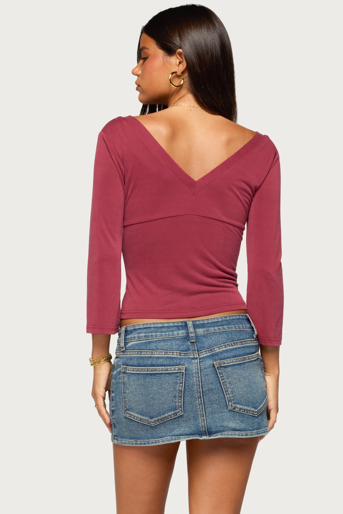 Mar V Neck Three-Quarter Sleeve Top - BURGUNDY