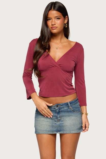 Mar V Neck Three-Quarter Sleeve Top - BURGUNDY