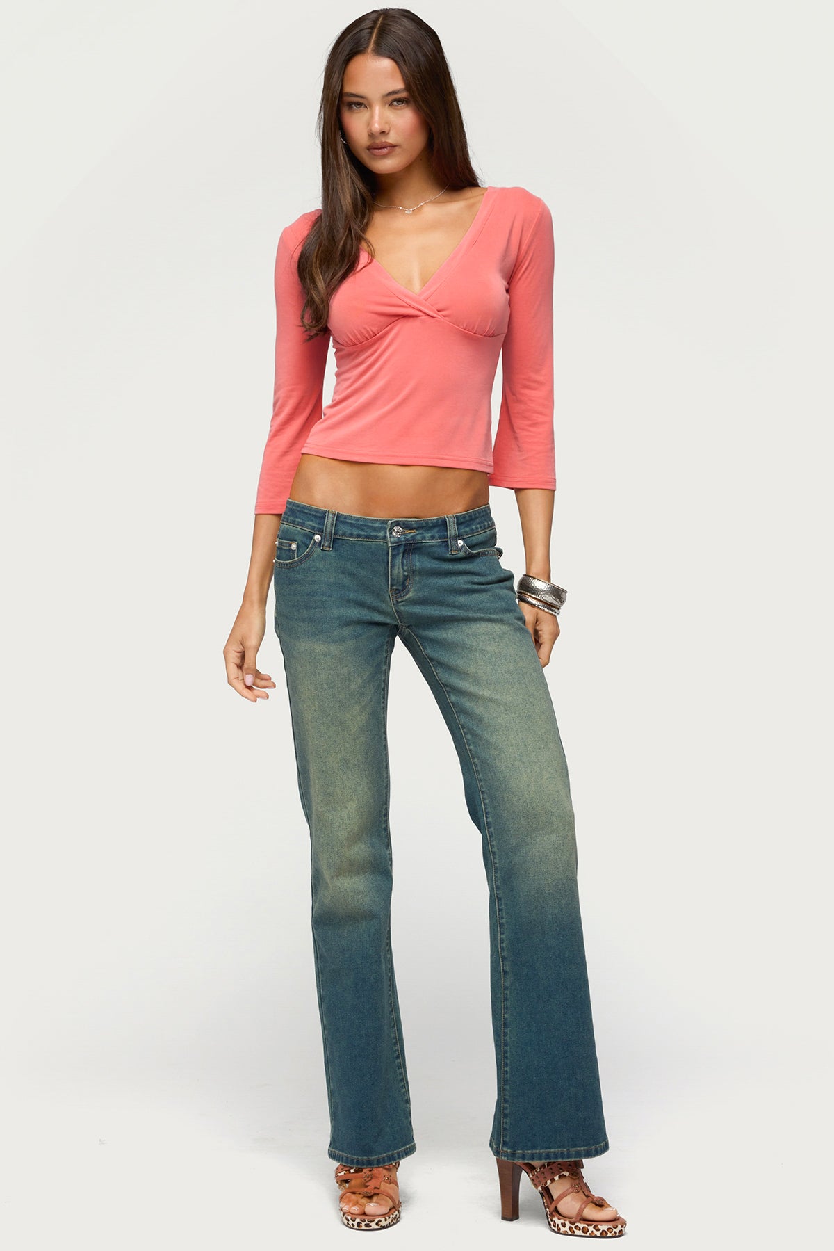 Mar V Neck Three-Quarter Sleeve Top - CORAL