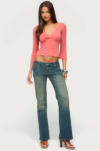 Mar V Neck Three-Quarter Sleeve Top - CORAL