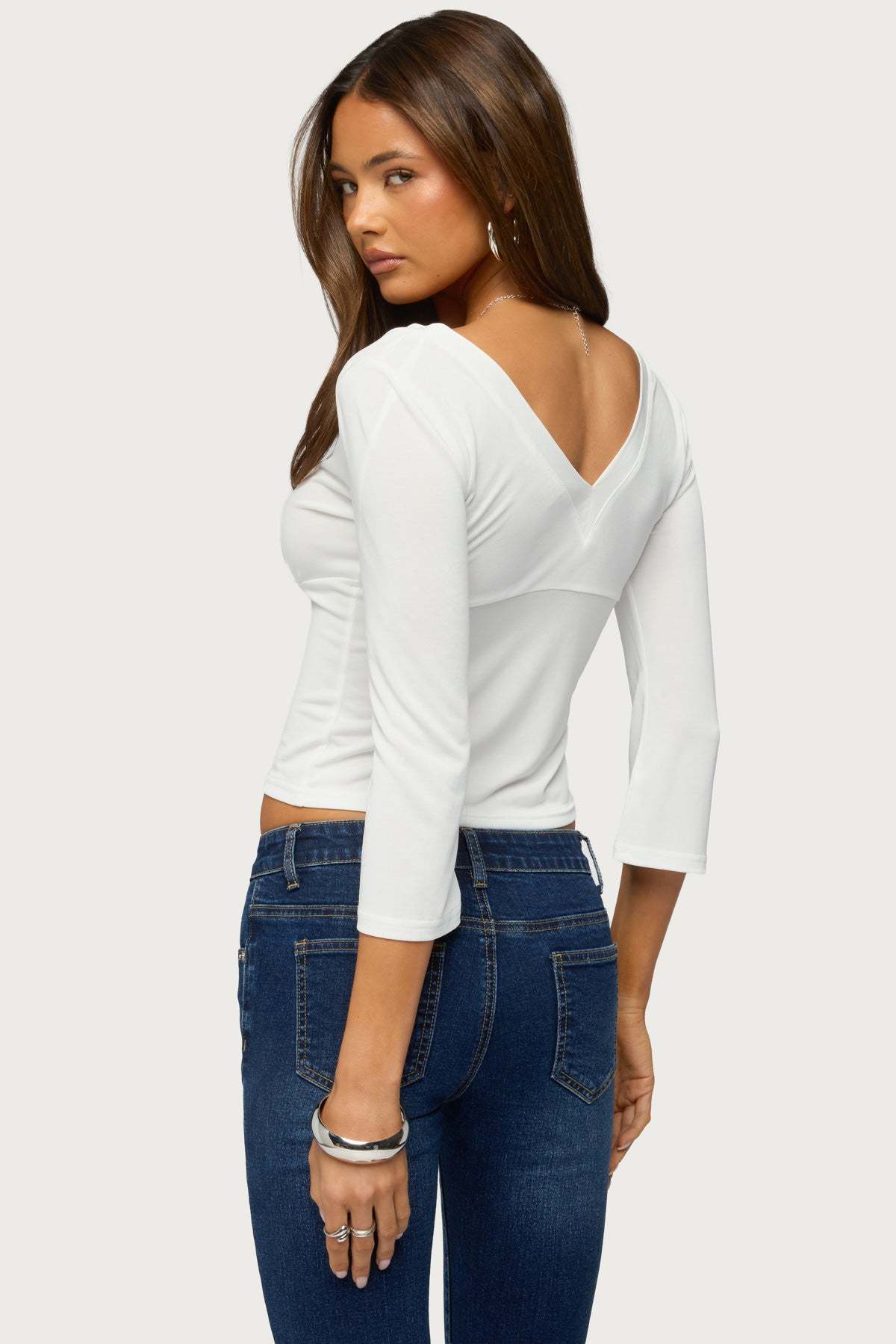 Mar V Neck Three-Quarter Sleeve Top - CREAM