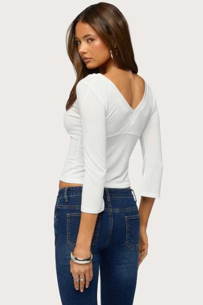 Mar V Neck Three-Quarter Sleeve Top - CREAM
