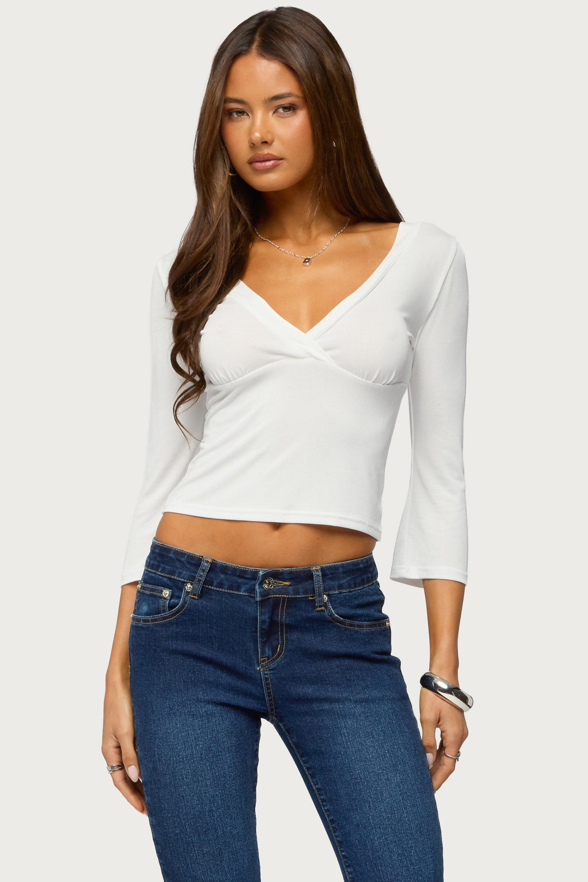 Mar V Neck Three-Quarter Sleeve Top - CREAM